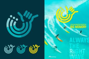 A logo consisting of a shaka hand (fist with thumb and pinky out), a circle and three dots. Next to that is a poster of surfers on a large wave.