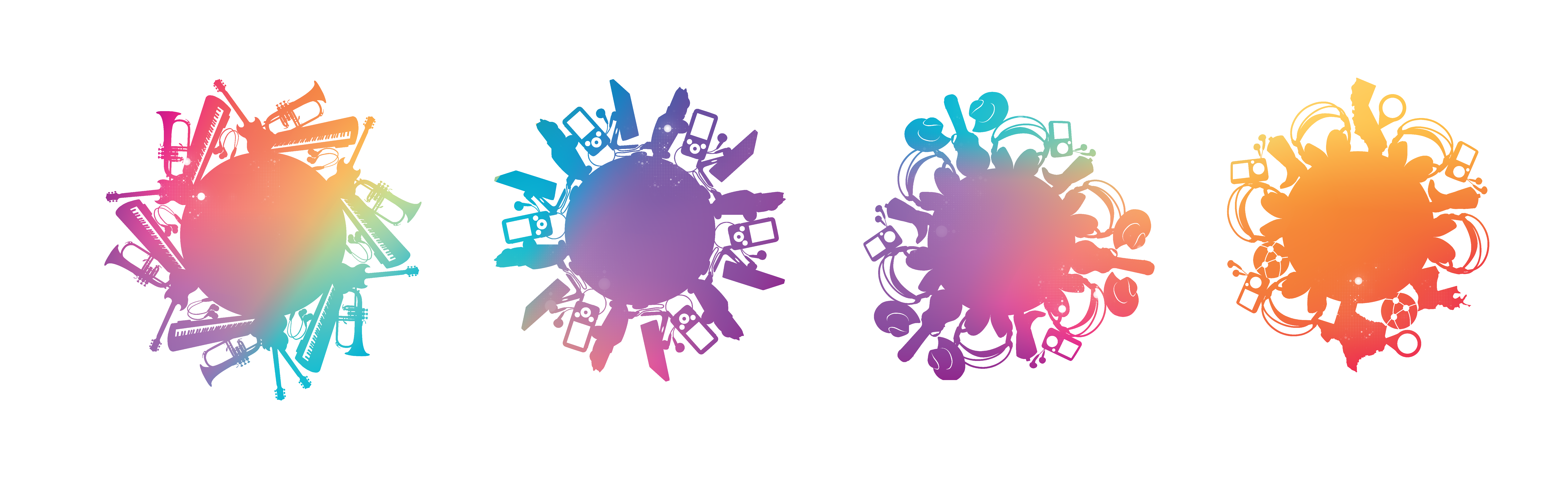 4 circle designs made up of musical icons and filled with colorful gradients