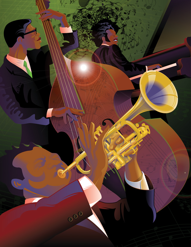jazz illustration of 3 men playing jazz music. Trumpet, stand u bass and piano.