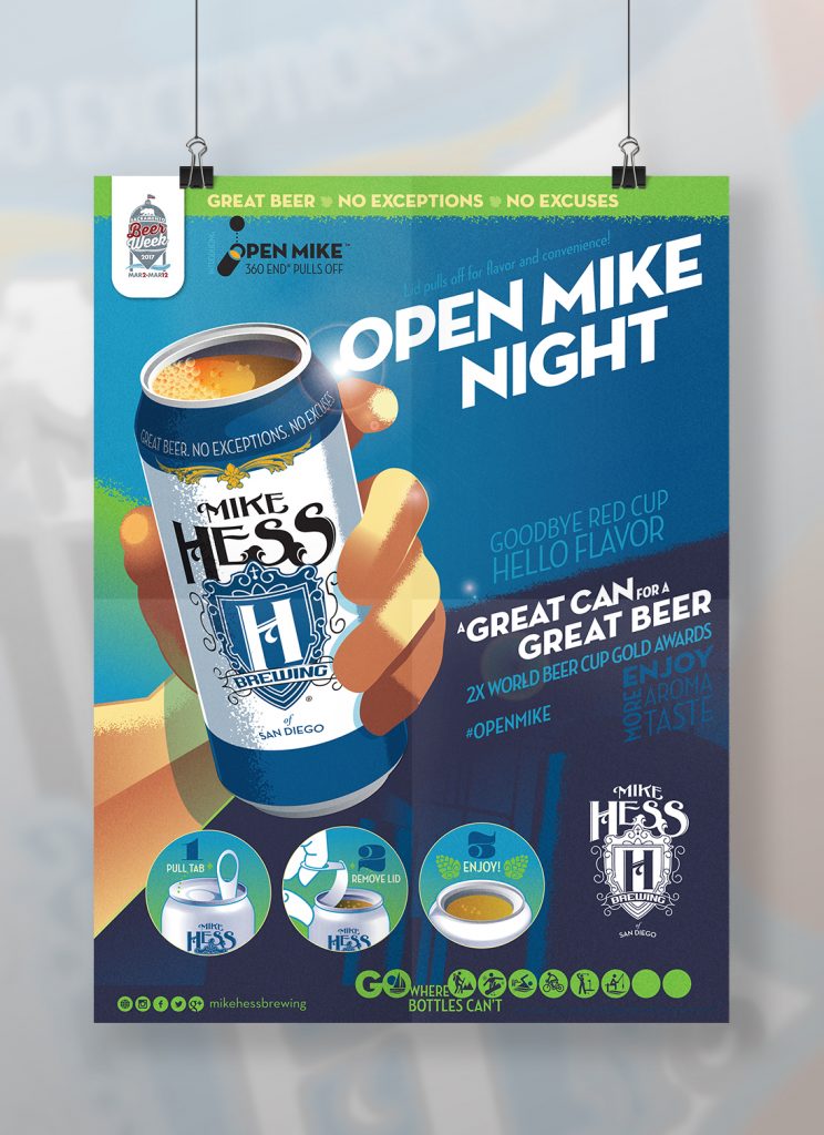 open-mike-poster illustration of a hand holding a beer up. The Words "Open Mike Night" are next to it.