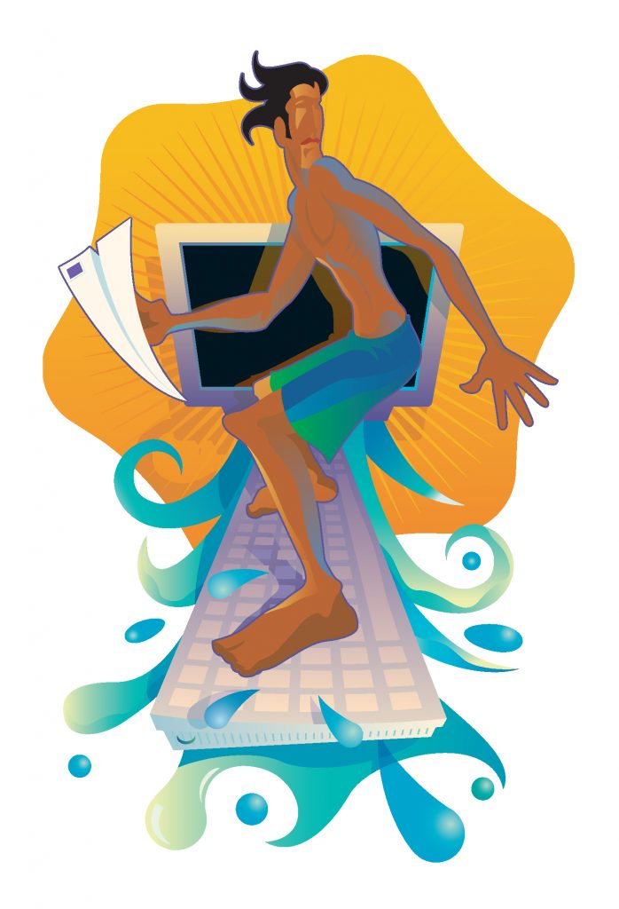 illustration of surfer on a keyboard, holding a paper airplane