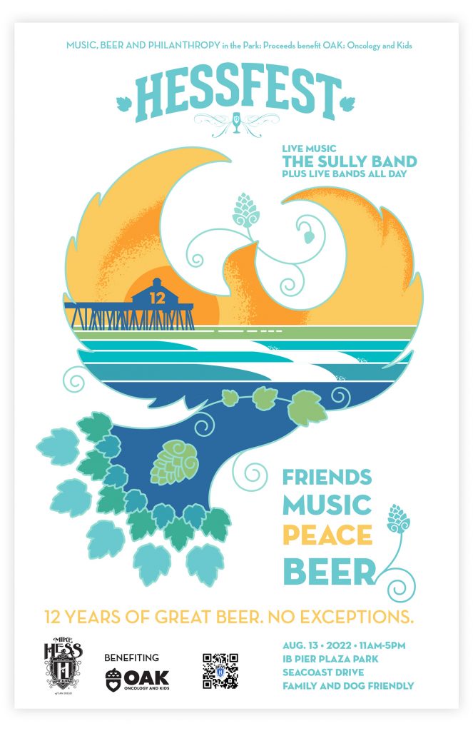 poster with stylized dove masking a beach scene of 3 waves and pier.