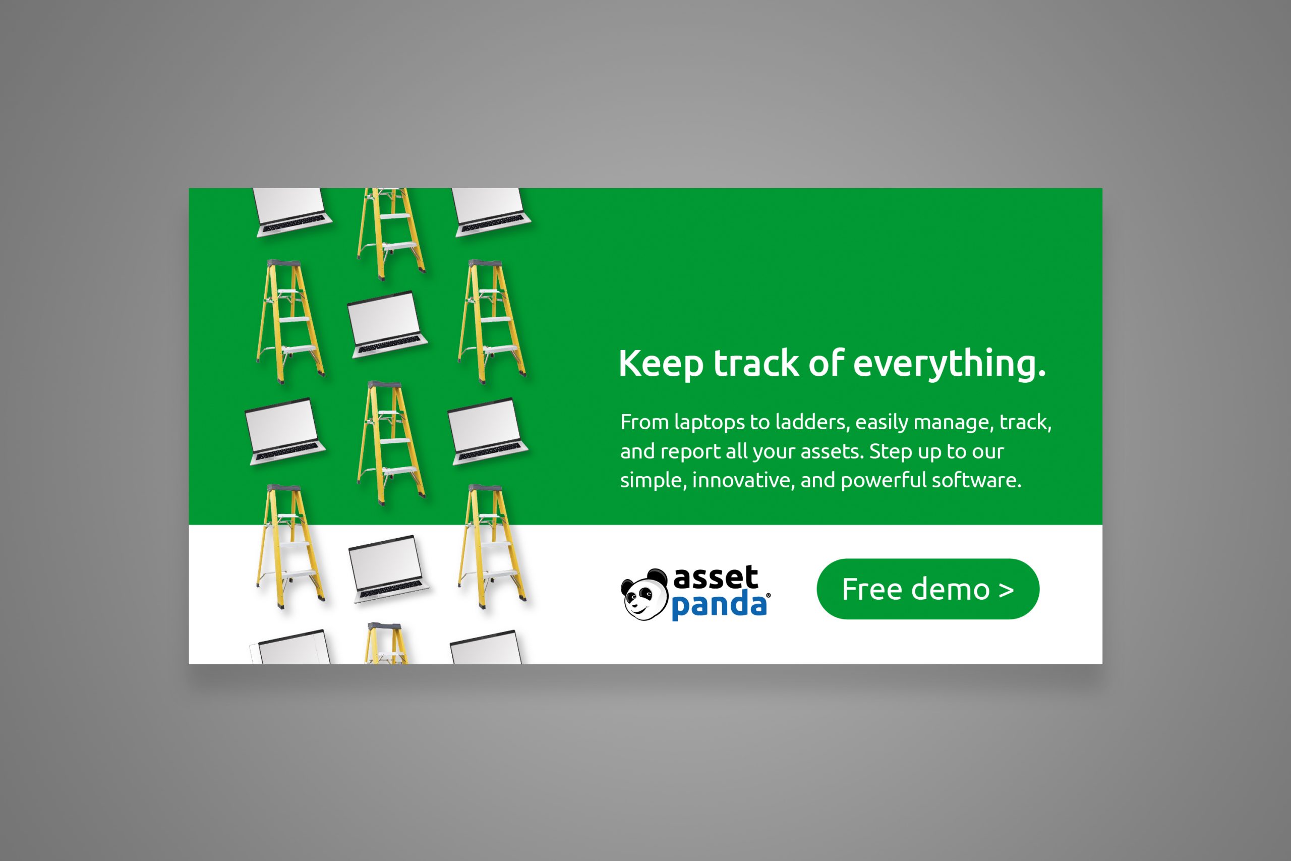 An ad composed of alternating ladders and laptops on the left with a headline "keep track of everything" on the right.
