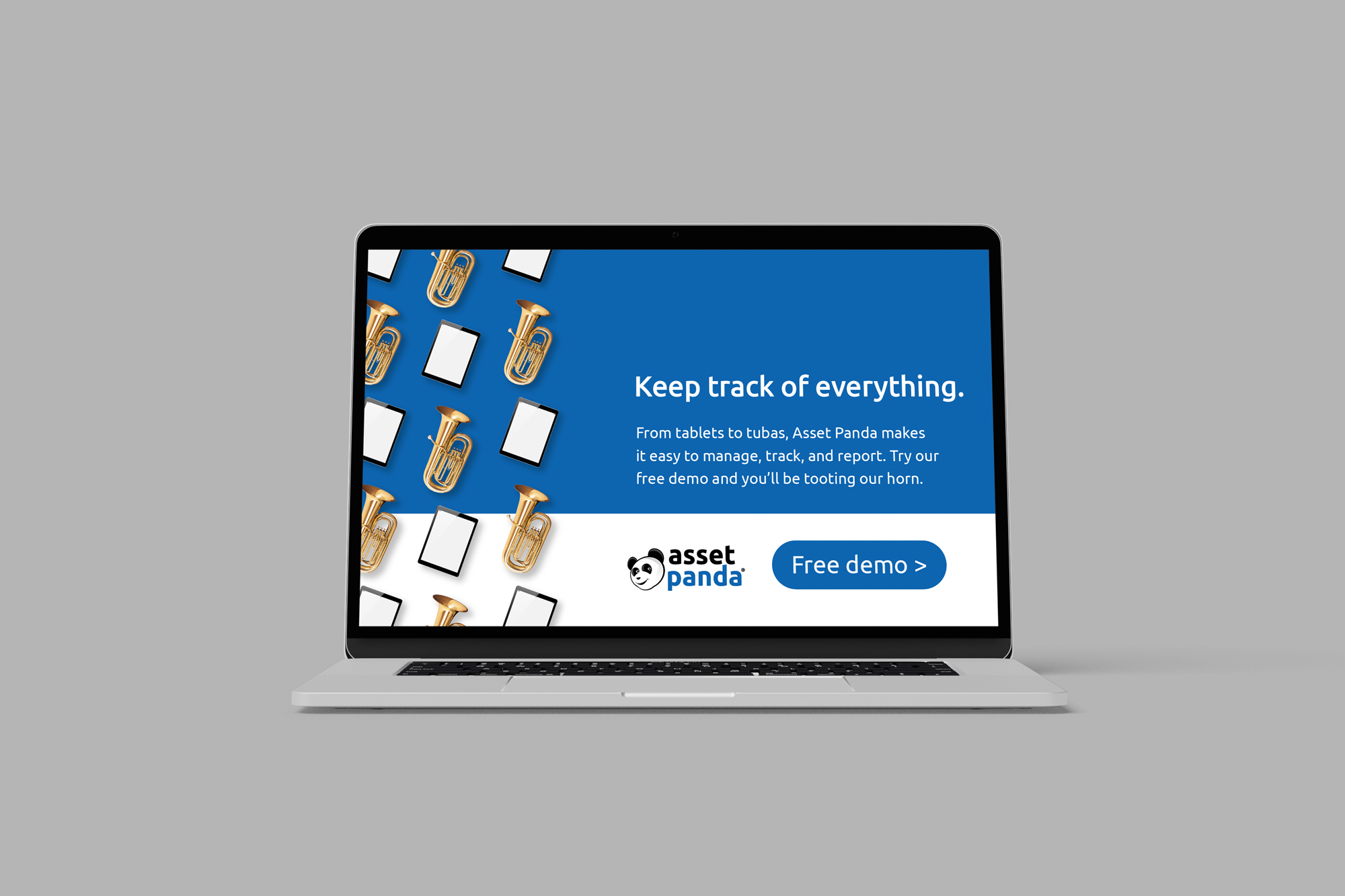 An ad composed of alternating french horns and ladders on the left with a headline "keep track of everything" on the right.