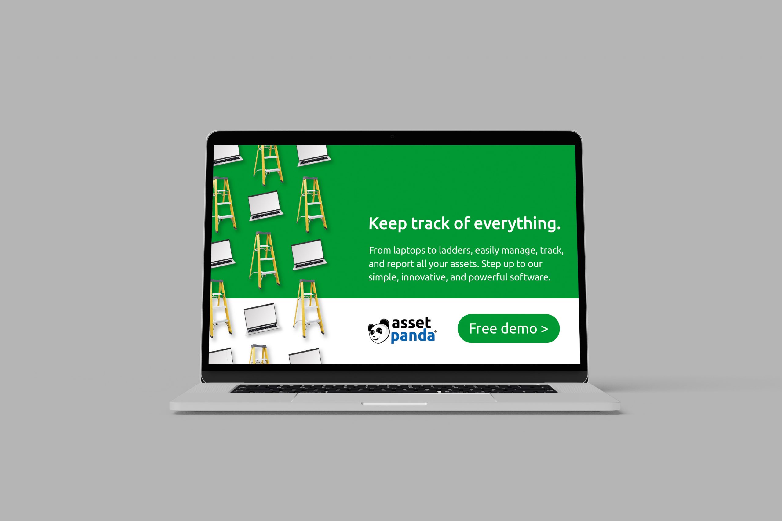 An ad composed of alternating laptops and ladders on the left with a headline "keep track of everything" on the right.