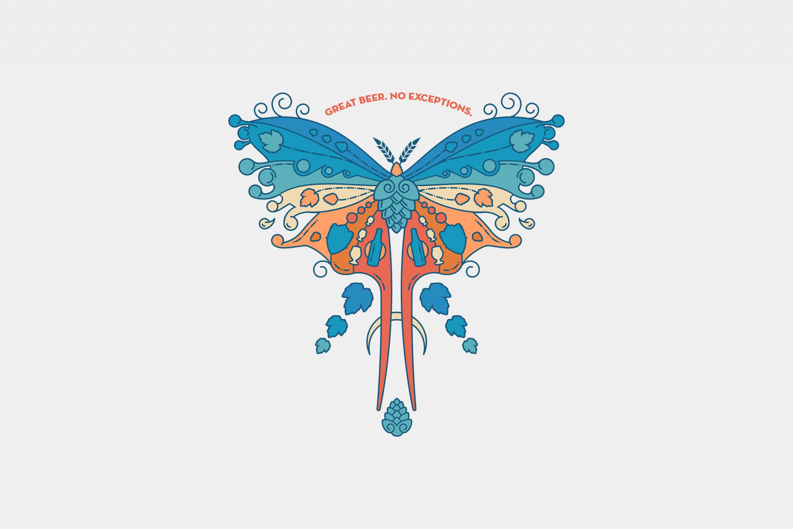A stylized moth illustration, pop art style. Colors range from blues at top to orange at bottom and various beer related icons are added into the design.