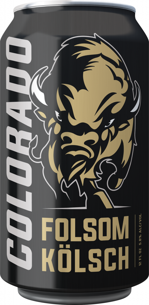 Black can with a graphic illustration of a bison on it. The word Colorado runs vertically up in white and below the bison are the words "Folsom Kölsch"