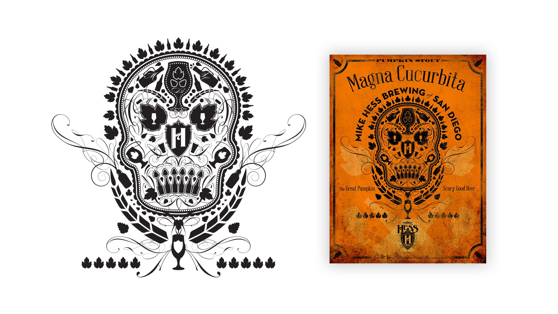 1920x1080-magna-2 A skull made up up of beer related icons and flourishes. On the right the same design is on a poster advertising a Pumpkin Stout, Magna Cucerbita.