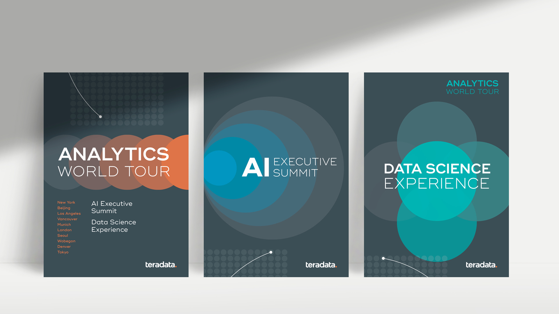 3 graphic poster using circles as design elements. One orange, one blue and one green