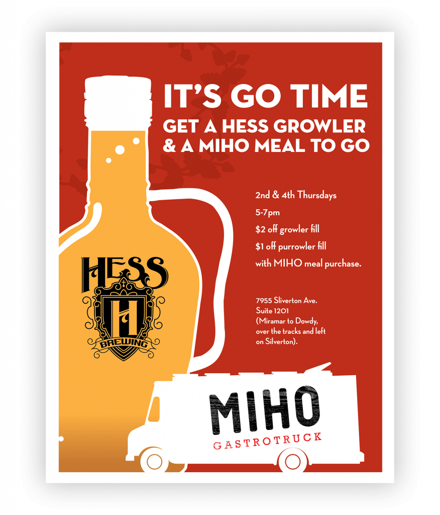 A red poster with a graphic beer growler (cntainer) on left and a silhouette of a food truck at bottom. Headline is "It's go time".