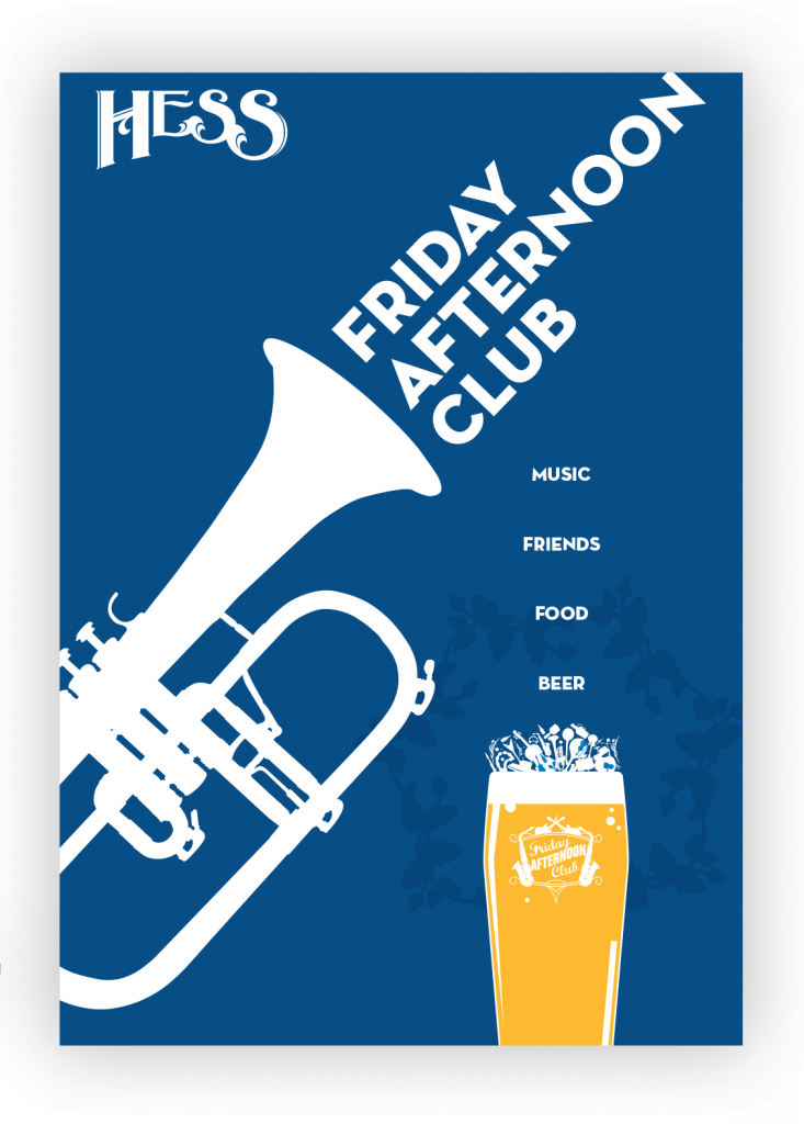 A poster with a white silhouette of a trumpet angled bottom left and up right. The words "Friday Afternoon Club" come from the horn's end. There is a graphic beer glass, gold, bottom right.