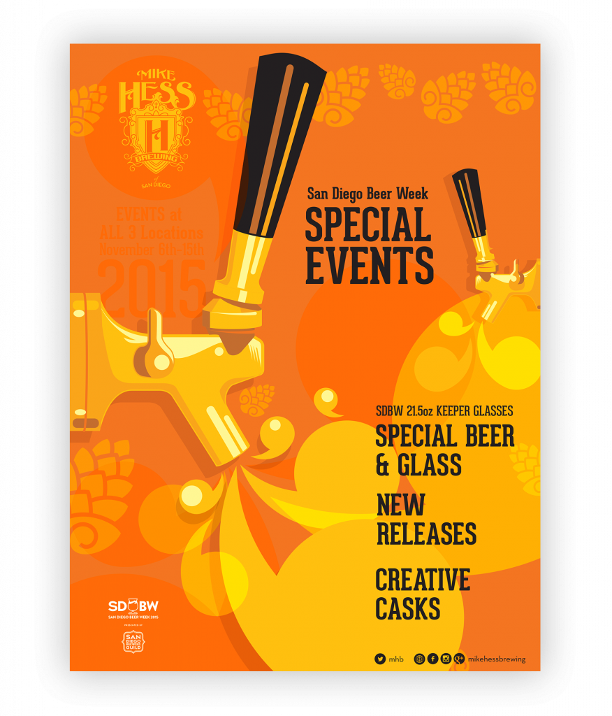A poster, orange and yellow, advertises San Diego Beer Week. It has a graphic taphandle in the foreground and one in the background, with flourishes coming out of the tap.