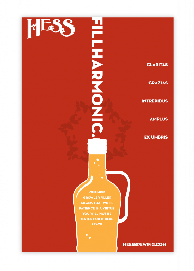 A red poster with the Hess Brewing logo top left and the word "Fillharmonic" , aligned vertically and ending at a beer growler.