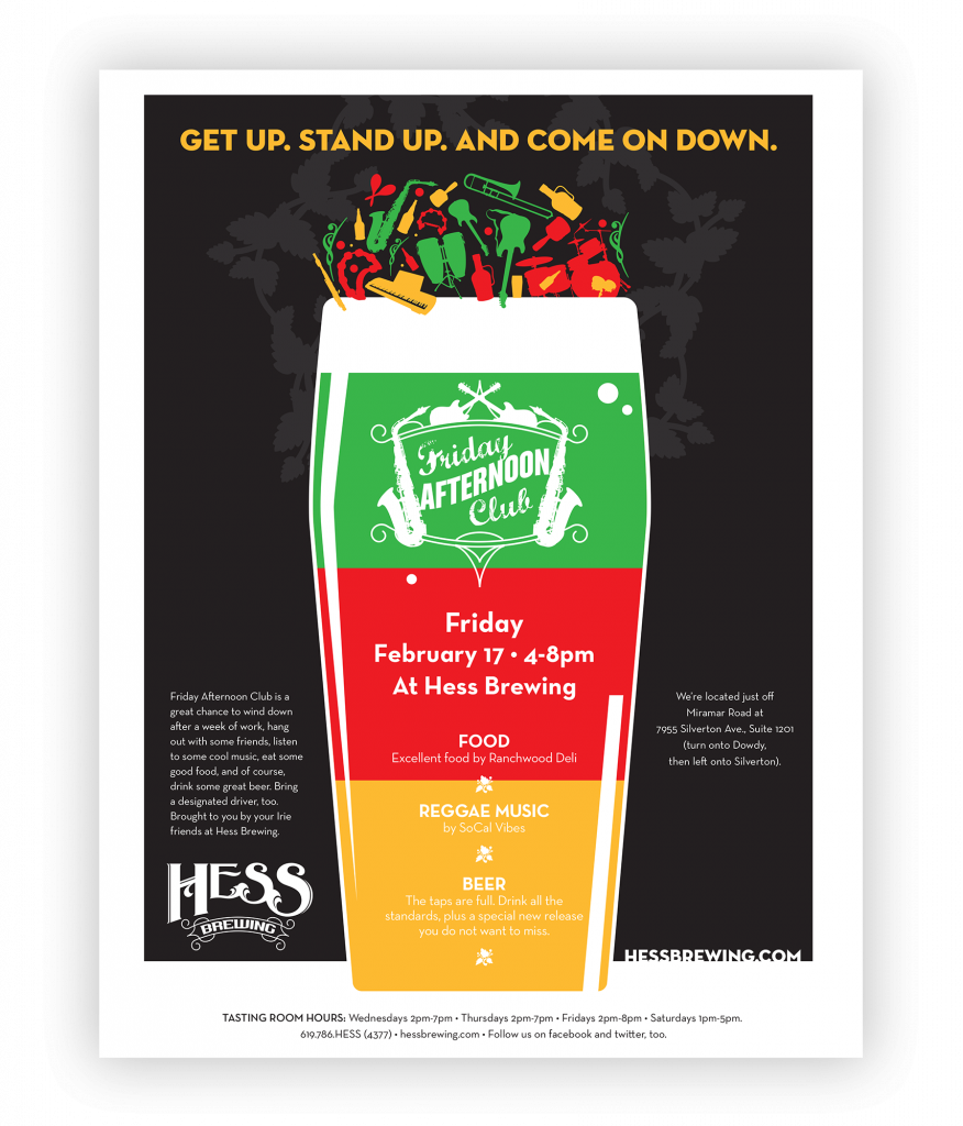 A poster with silhouette of a beer glass. It is horizontally divided into 3 colors, green, red, gold. The headline is Get up. Stand up. And come on down.