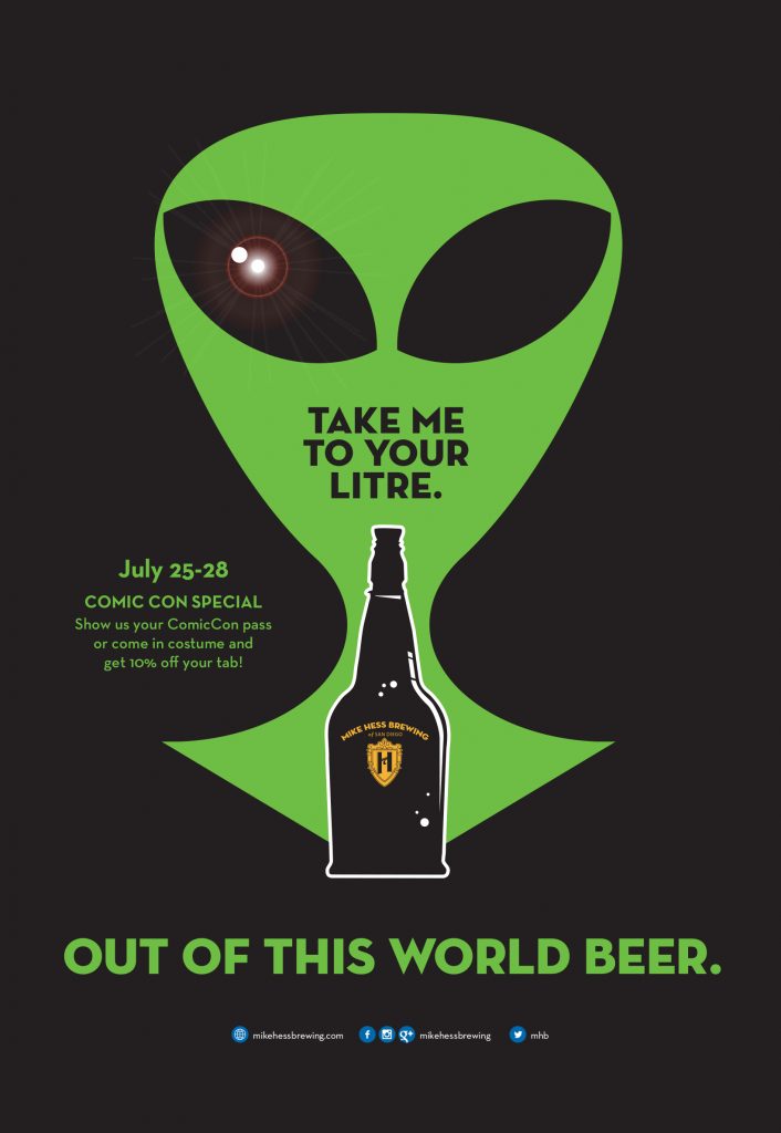 alien11x17_poster2 stylized alien with a beer bottle in front. Out of this world is at the bottom
