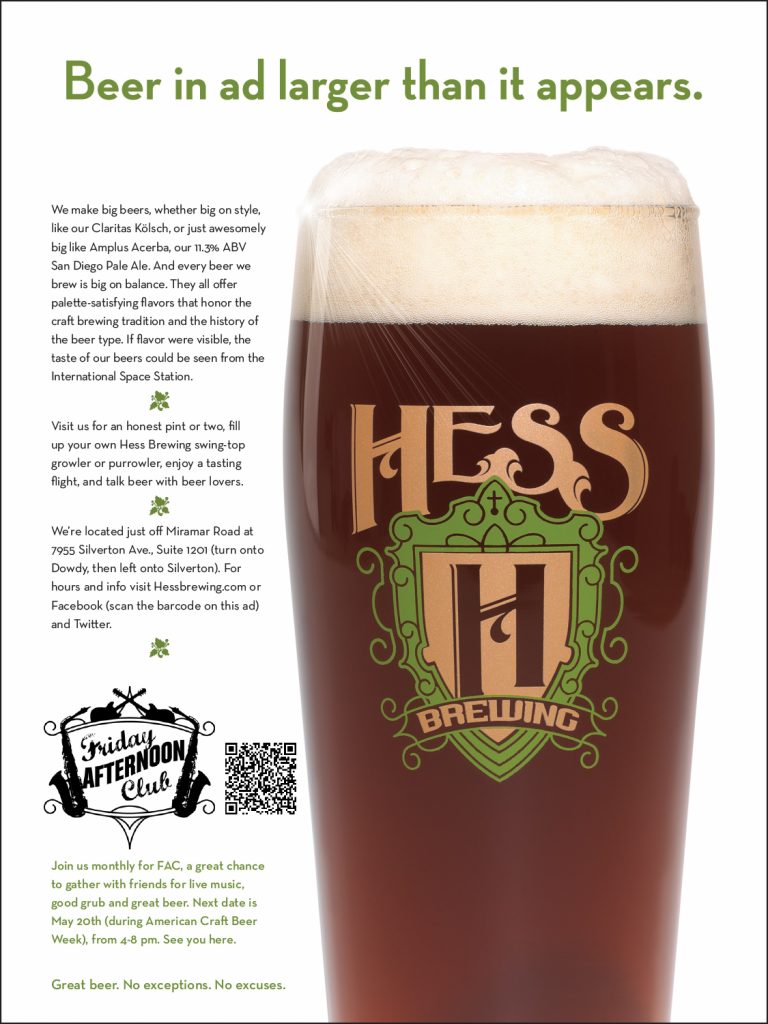 magazine ad with a glass of beer on the left and the headline "Beer in ad bigger than it appears" highlighting the small brewery's big style beers.