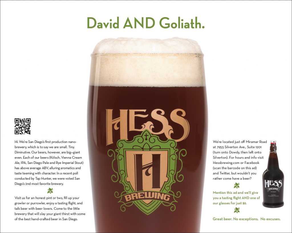 magazine ad with a glass of beer in the middle and the headline "David and Goliath" highlighting the small brewery's big style beers.