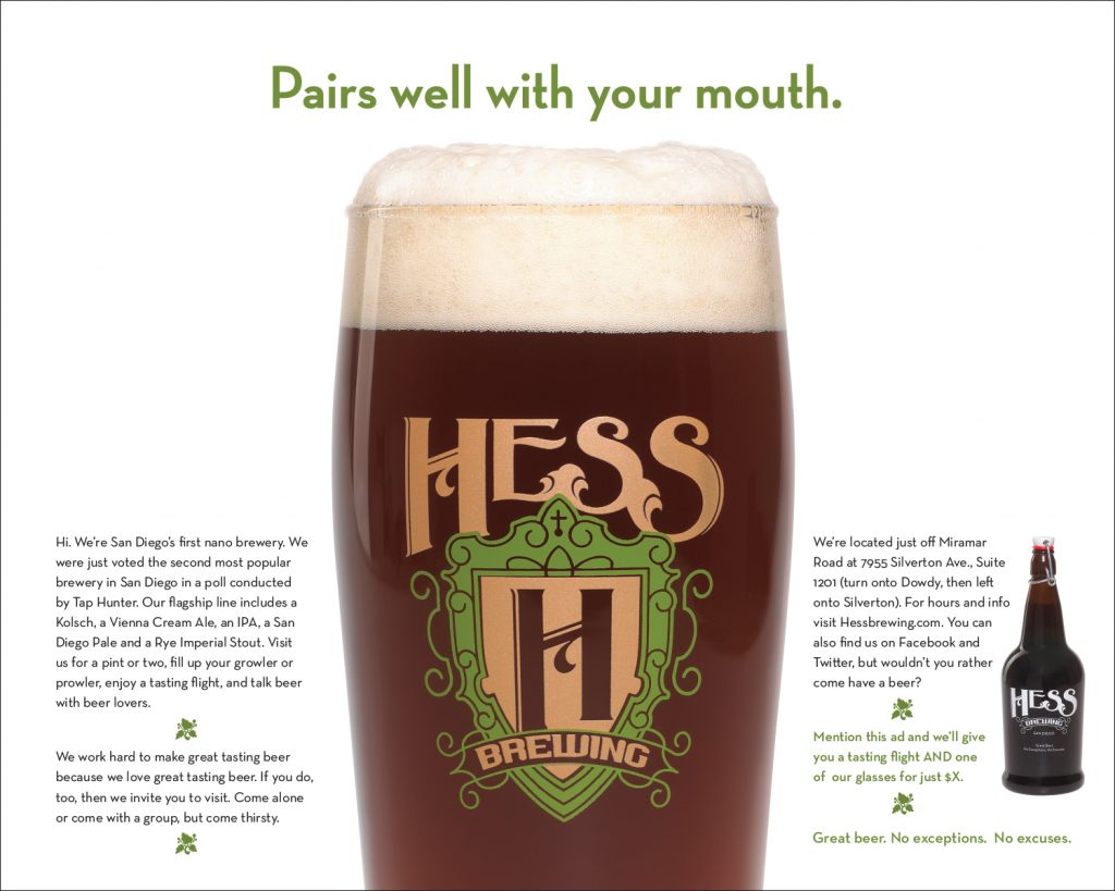 magazine ad with a glass of beer in the middle and the headline "Pairs well with your mouth" highlighting the small brewery's delicious beers.