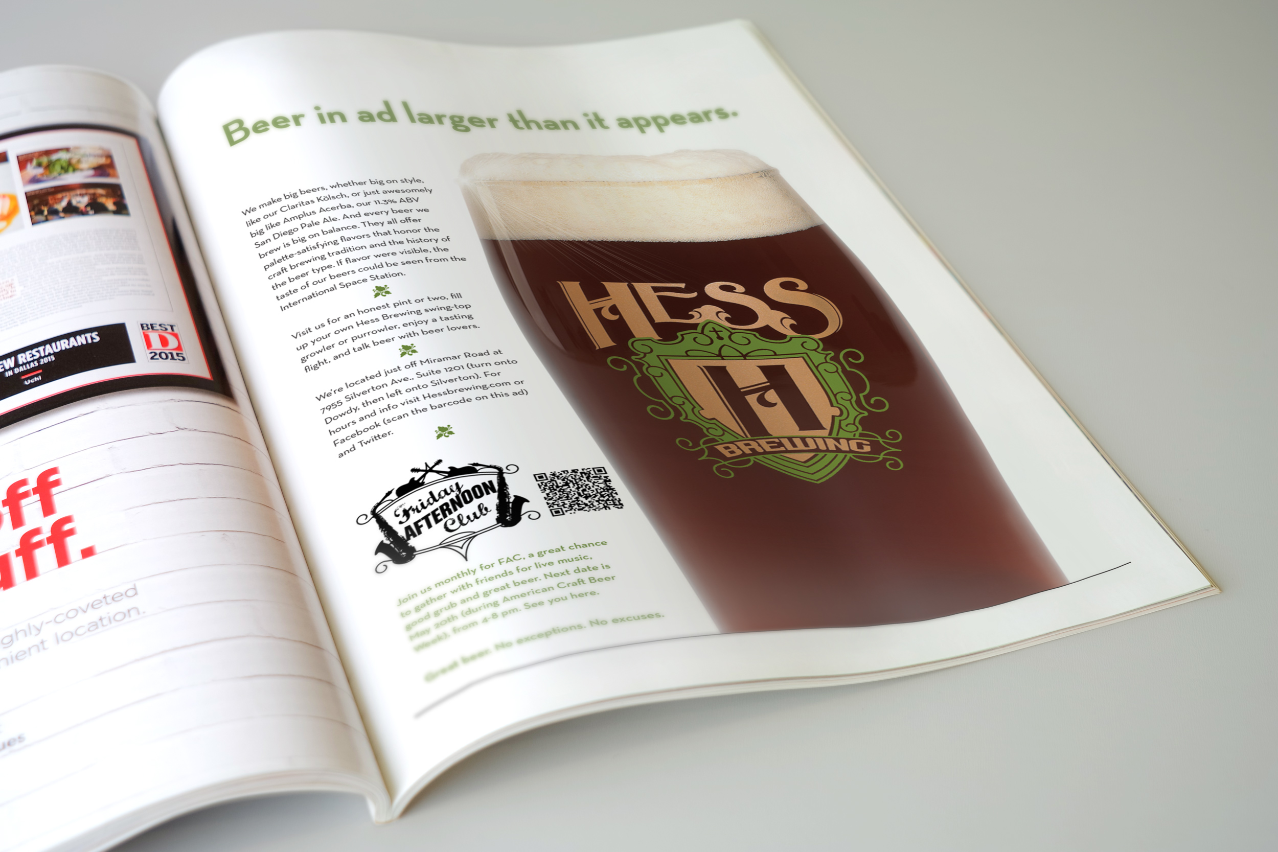 magazine ad with a glass of beer on the left and the headline "Beer in ad bigger than it appears" highlighting the small brewery's big style beers.