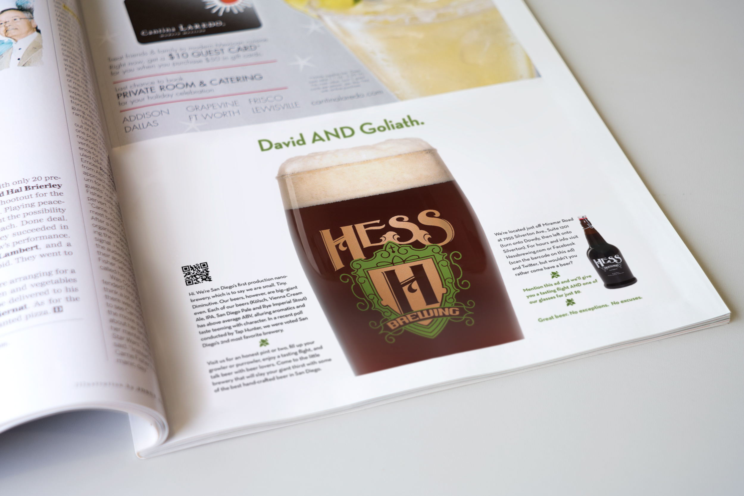 magazine ad with a glass of beer in the middle and the headline "David and Goliath" highlighting the small brewery's big style beers.
