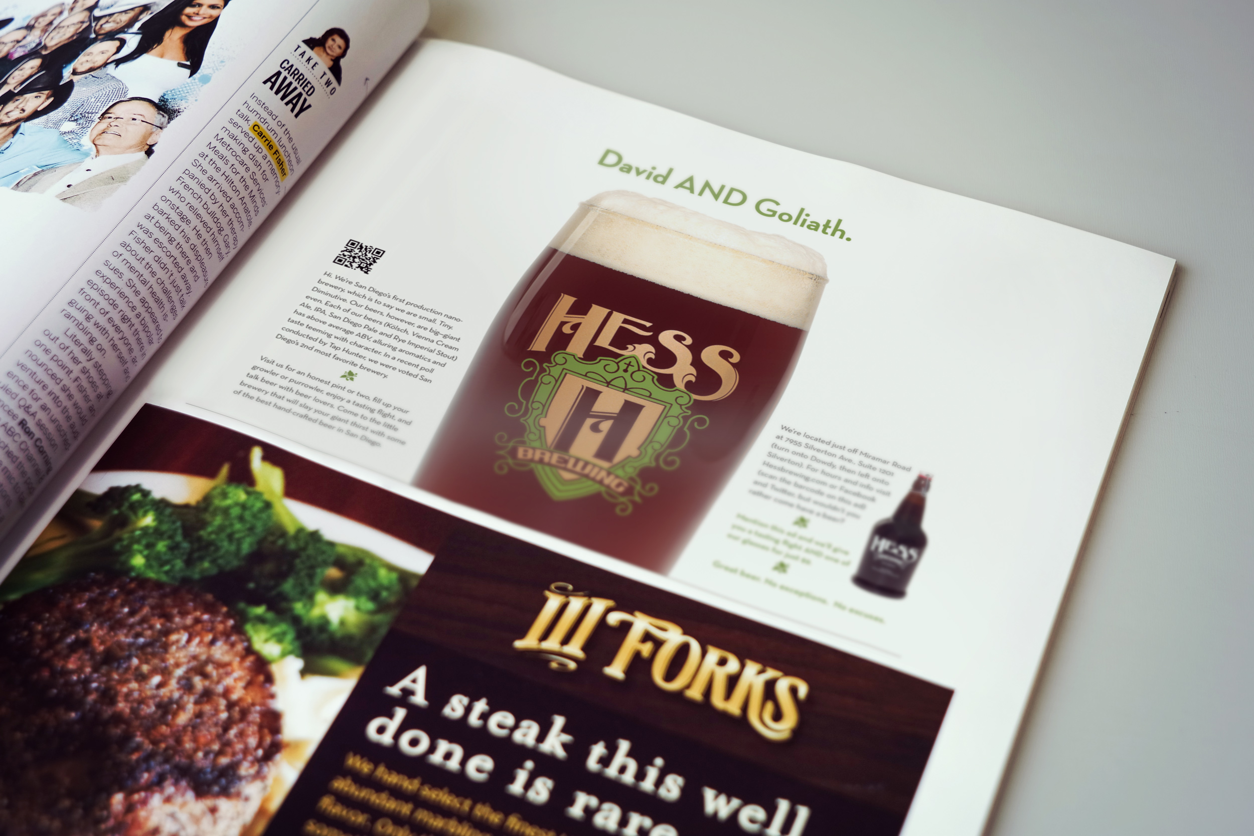 magazine ad with a glass of beer in the middle and the headline "David and Goliath" highlighting the small brewery's big style beers.