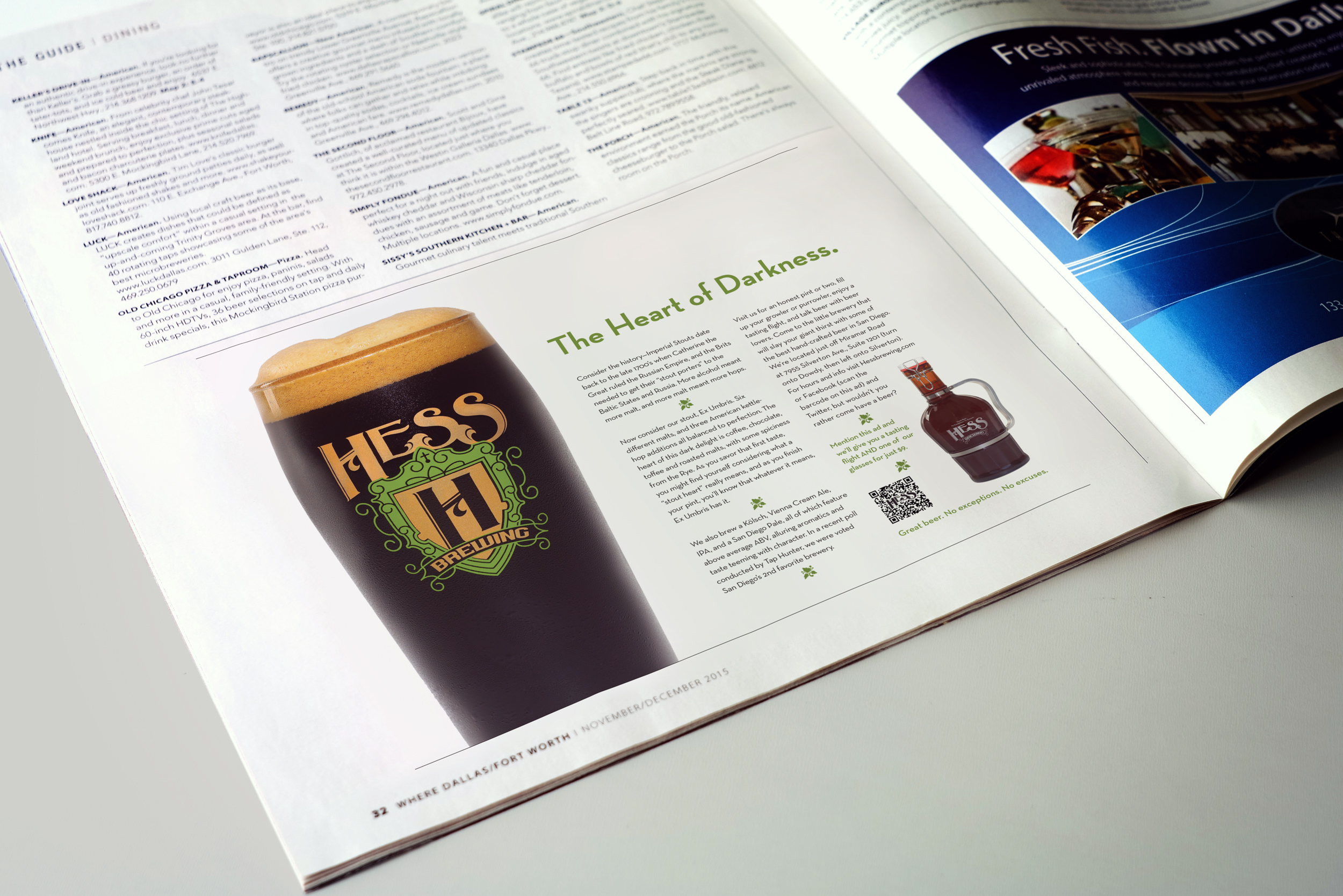 magazine ad with a glass of dark beer on the left and the headline "The heart of Darkness" describing the stout beer.