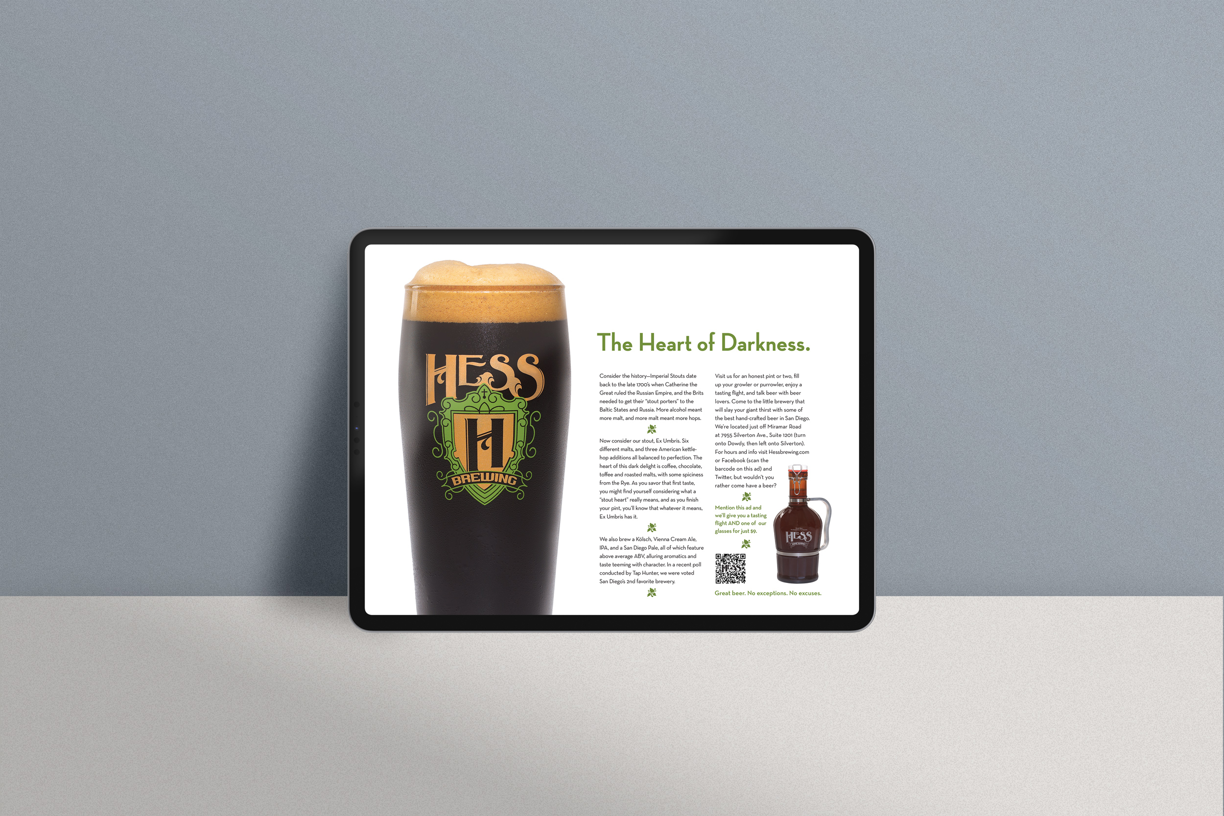 An ad for a stut beer on a digital tablet. There is a glass of stout beer on the left and the headline of the ad says "The heart of darkness"